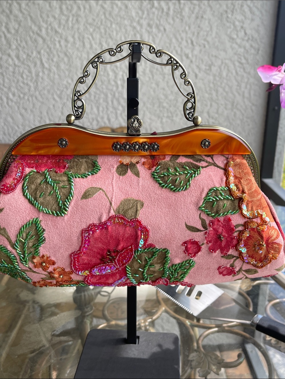 Embroidered Pink Floral Mini Bag